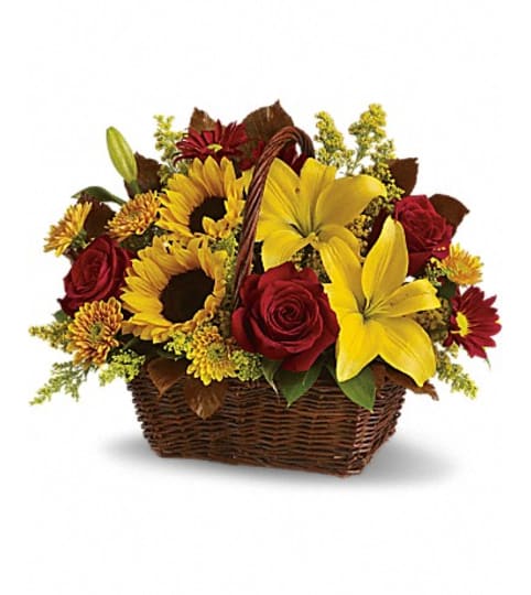 golden days basket. An arrangement by Fine's Flowers. golden days basket. An arrangement by Fine's Flowers.