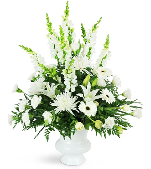 Peaceful White Tribute. An arrangement by Fine's Flowers. Peaceful White Tribute. An arrangement by Fine's Flowers.